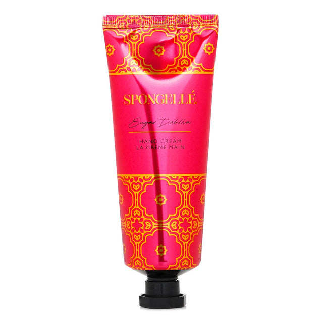 Luxurious Spongelle hand cream in Sugar Dahlia scent, enriched with nourishing oils and hydrating ingredients for soft hands.