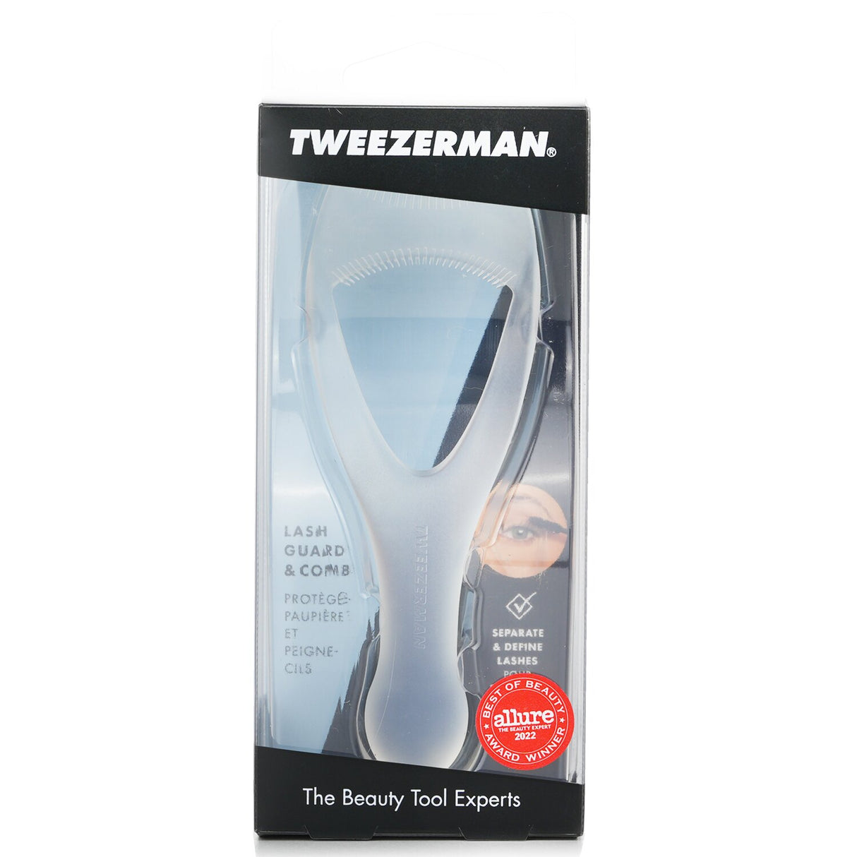 Tweezerman Lash Guard and Comb for clump-free, defined lashes with ergonomic design and transparent body for precision.