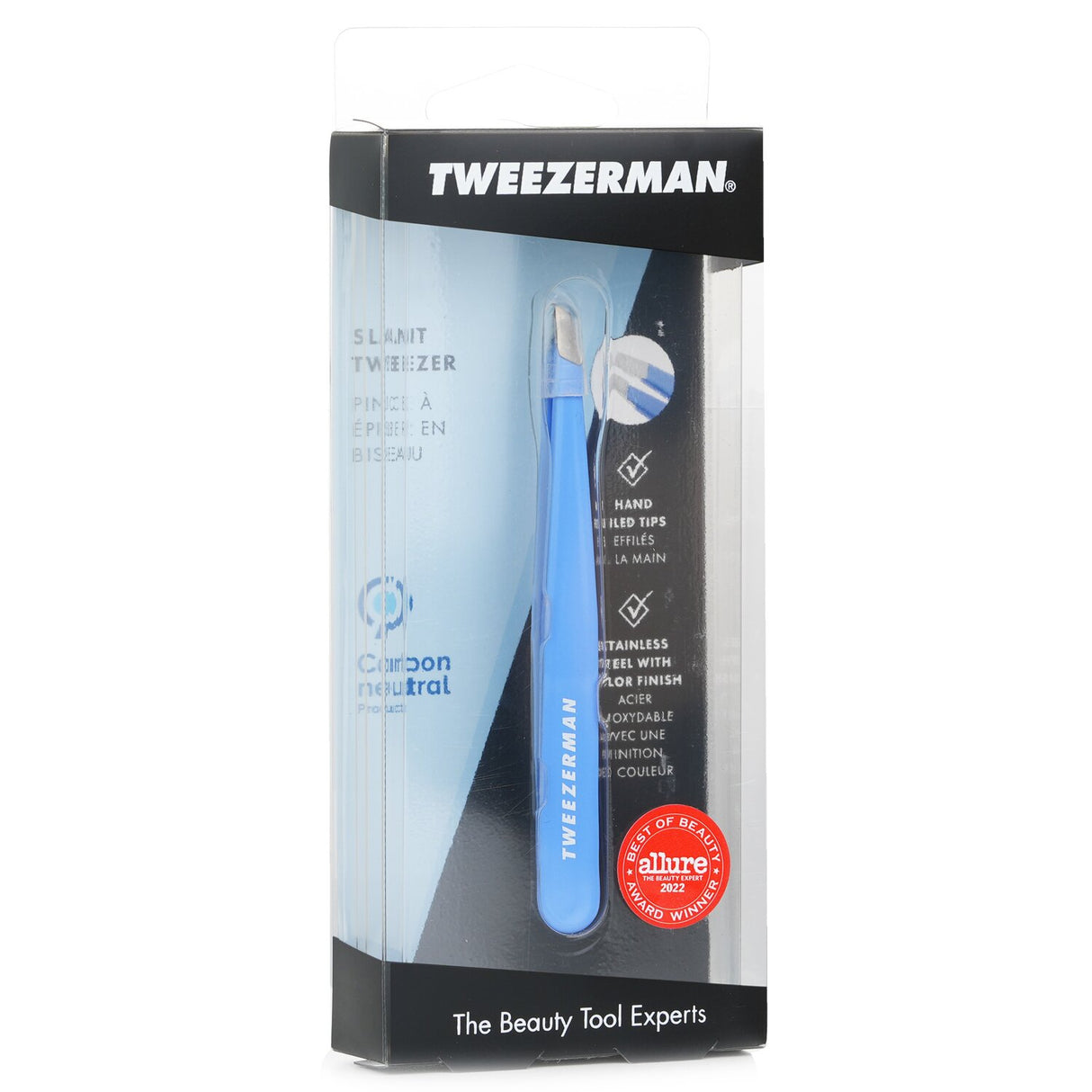 Tweezerman Slant Tweezer in Lapis Blue, featuring precise stainless steel tips for effortless brow grooming and hair removal.