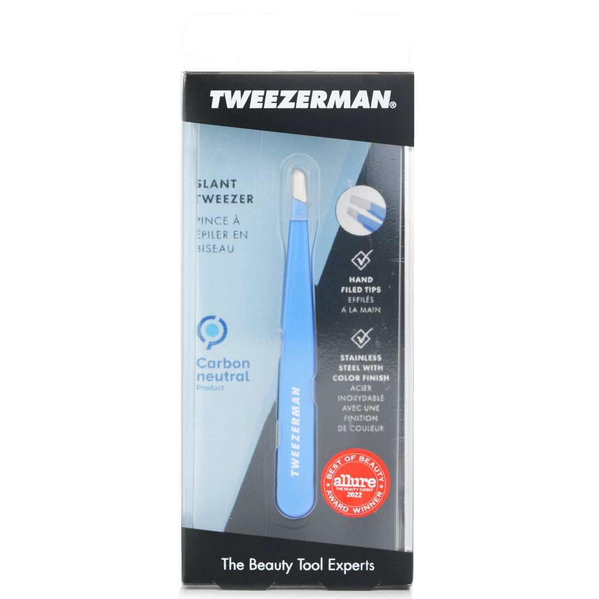 Tweezerman Slant Tweezer in Lapis Blue, featuring precision stainless steel tips for flawless eyebrow grooming.