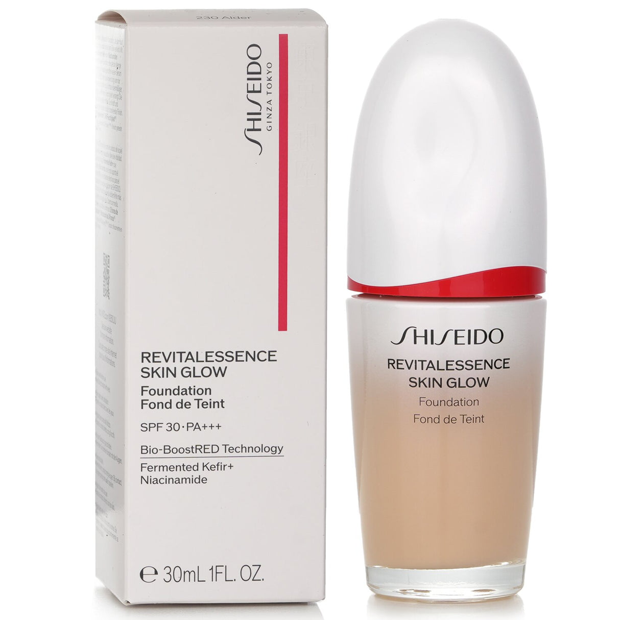 Shiseido Revitalessence Skin Glow Foundation SPF 30 in #230 Alder, offering lightweight, buildable coverage for radiant skin.