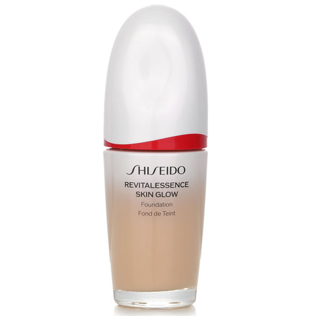 Shiseido Revitalessence Skin Glow Foundation SPF 30 in #230 Alder, offering serum-like texture and a radiant, healthy finish.