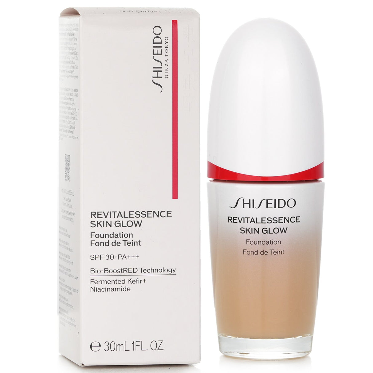 Shiseido Revitalessence Skin Glow Foundation in #360 Citrine, providing SPF 30 and a glowing finish with skincare benefits.