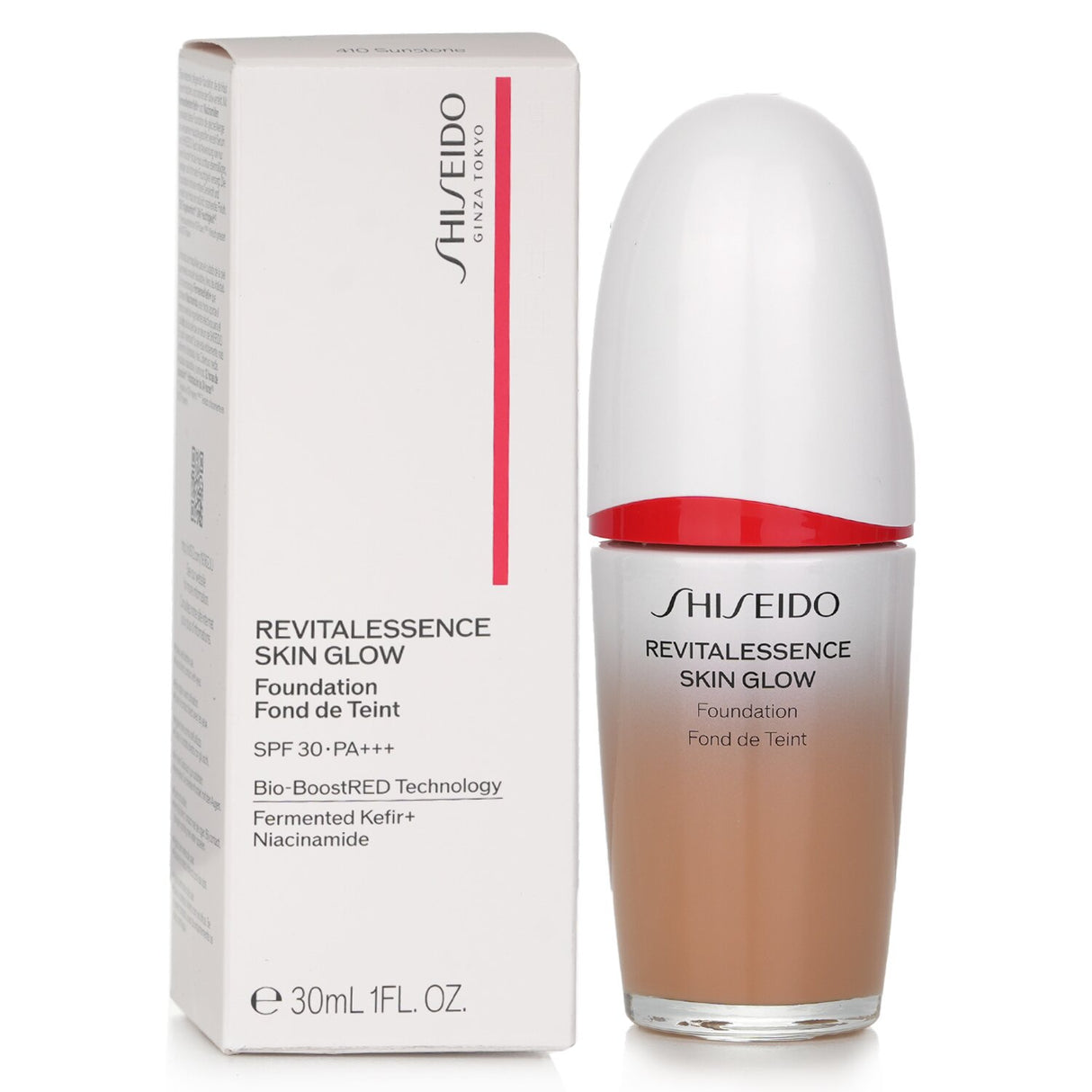 Shiseido Revitalessence Skin Glow Foundation SPF 30 in #410 Sunstone, offering radiant coverage and skincare benefits for all skin types.