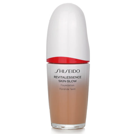 Shiseido Revitalessence Skin Glow Foundation SPF 30 in #410 Sunstone, showcasing radiant skin and lightweight, buildable coverage.