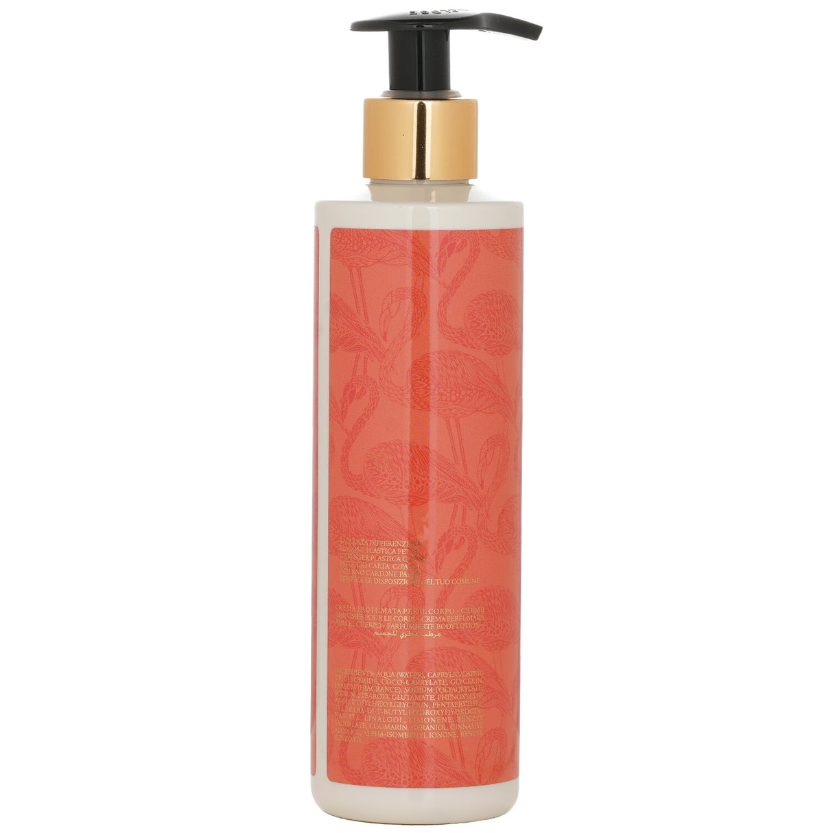 Luxurious Flamant Rose body lotion in a 250ml bottle; hydrates and envelops skin with a delicate rose fragrance.