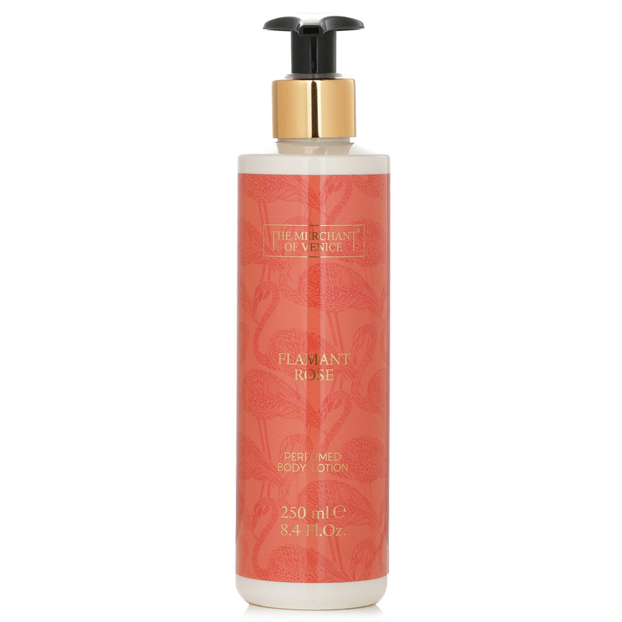 Luxurious 250ml Flamant Rose Body Lotion, enriched with rose fragrance for soft, hydrated skin without greasy residue.