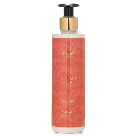 Luxurious 250ml Flamant Rose Body Lotion, enriched with rose fragrance for soft, hydrated skin without greasy residue.