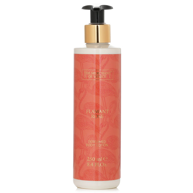 Luxurious 250ml Flamant Rose Body Lotion, enriched with rose fragrance for soft, hydrated skin without greasy residue.