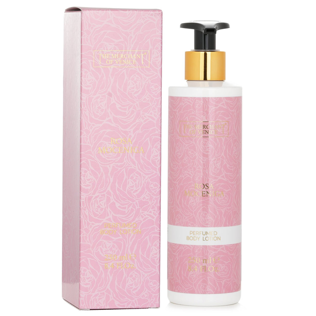 Luxurious Rosa Moceniga body lotion in 250ml, moisturizing and scented with blooming roses for radiant, smooth skin.