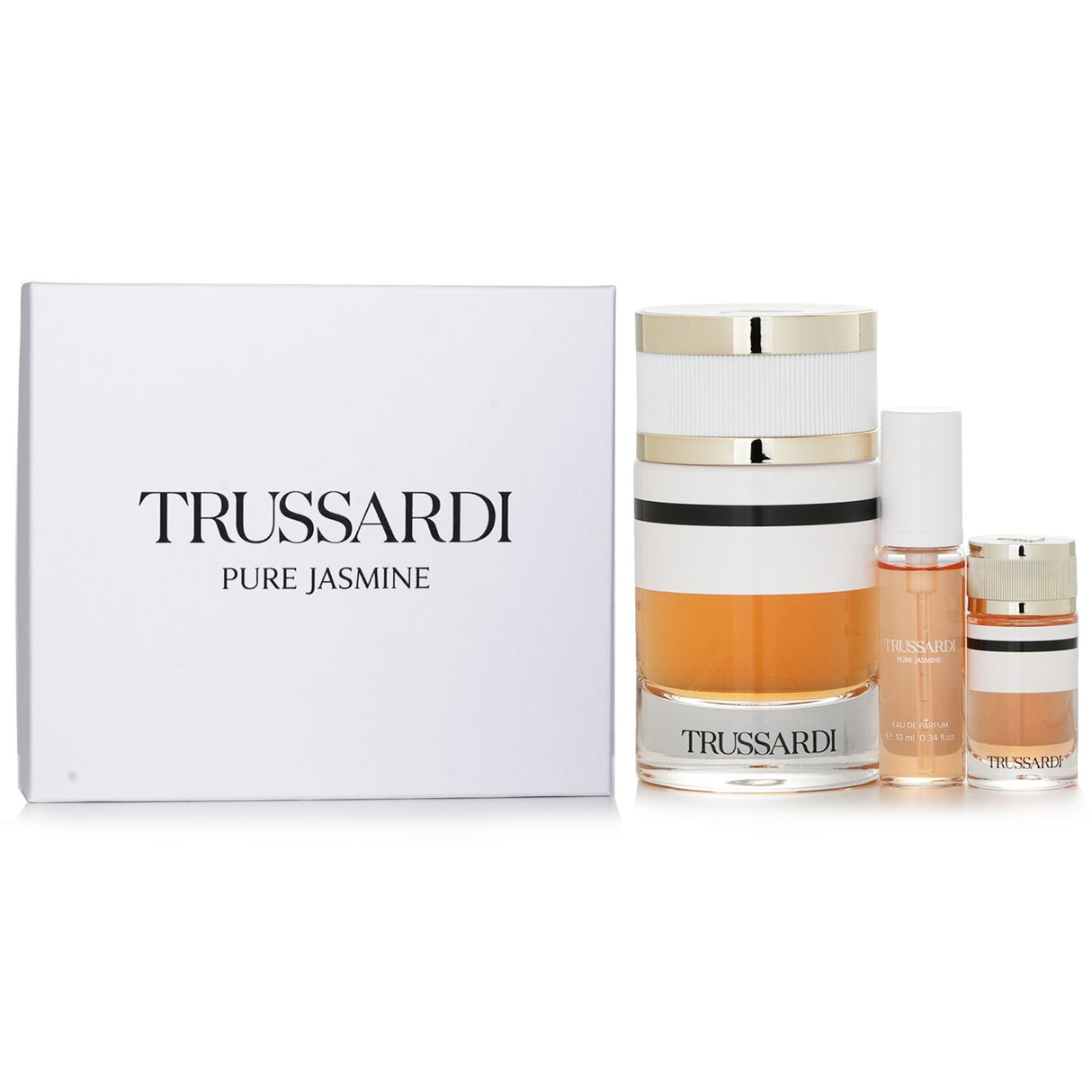 Trussardi Pure Jasmine Life Style Coffret featuring three jasmine fragrance sprays in luxurious packaging.