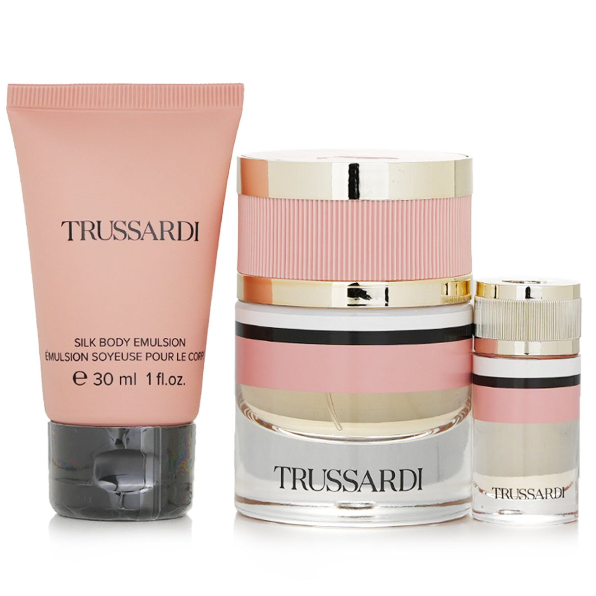 Trussardi Life Style Weekend Coffert includes 30ml parfum, 7ml miniature, and silk body emulsion for luxurious scent and softness.