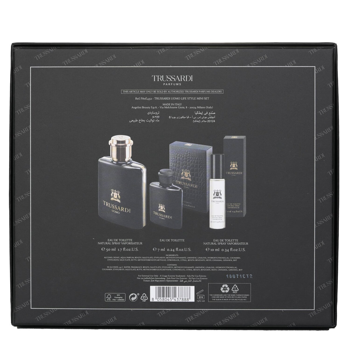 Trussardi Uomo Life Style Mini Coffret featuring three elegant EDTs in stylish, travel-friendly packaging.