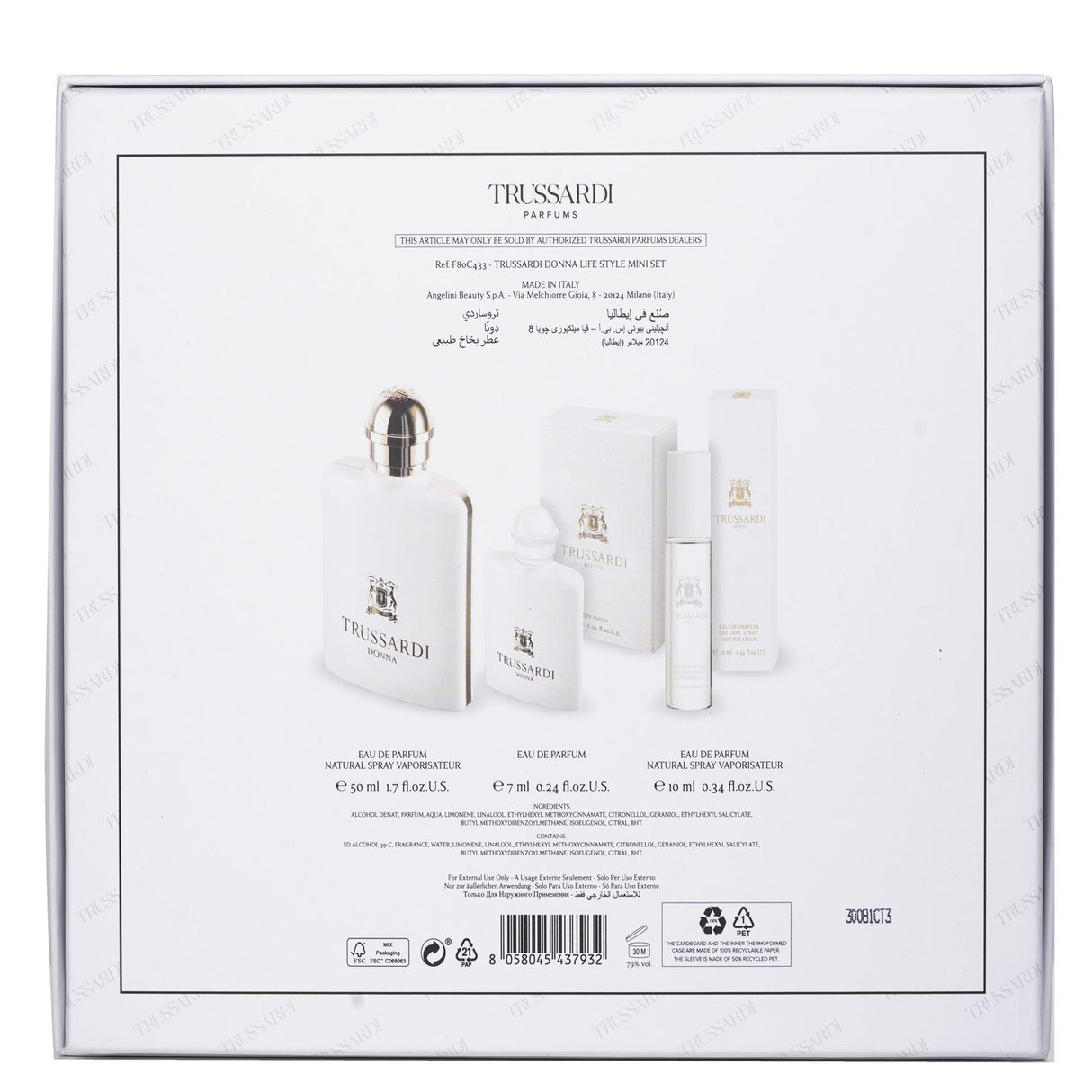 Trussardi Donna Life Style Mini Coffret set featuring 50ml, 7ml, and 10ml Eau De Parfum sprays in elegant packaging.