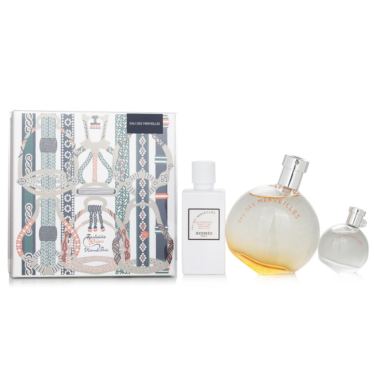 Elegant Hermes Eau Des Merveilles coffret featuring a 50ml spray, 40ml lotion, and 7.5ml mini spray, perfect for gifting.