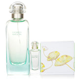 Luxury 3-piece Hermes Un Jardin Sur Le Nil set with full-sized fragrance, miniature, and perfumed soap, evoking a serene oasis.