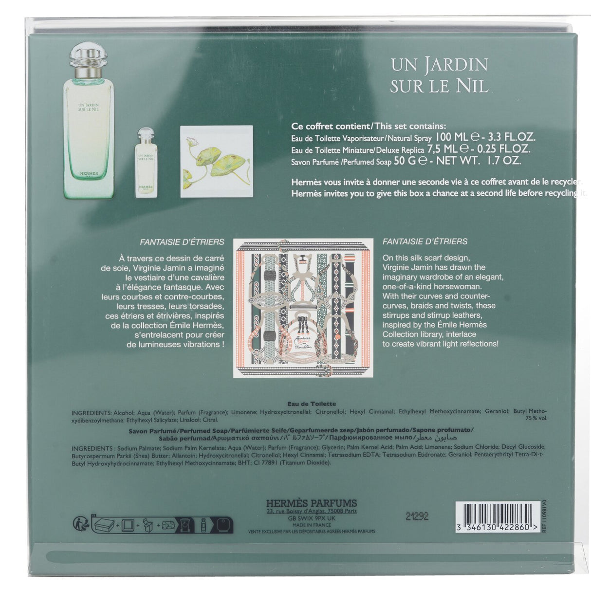 Luxurious Hermes - Un Jardin Sur Le Nil coffret featuring a 100ml spray, 7.5ml miniature, and 50g scented soap.