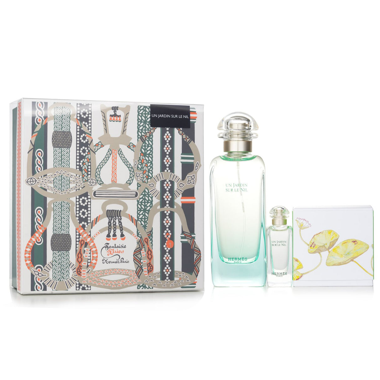 Luxurious Hermes Un Jardin Sur Le Nil coffret featuring a 100ml spray, 7.5ml miniature, and 50g perfumed soap.