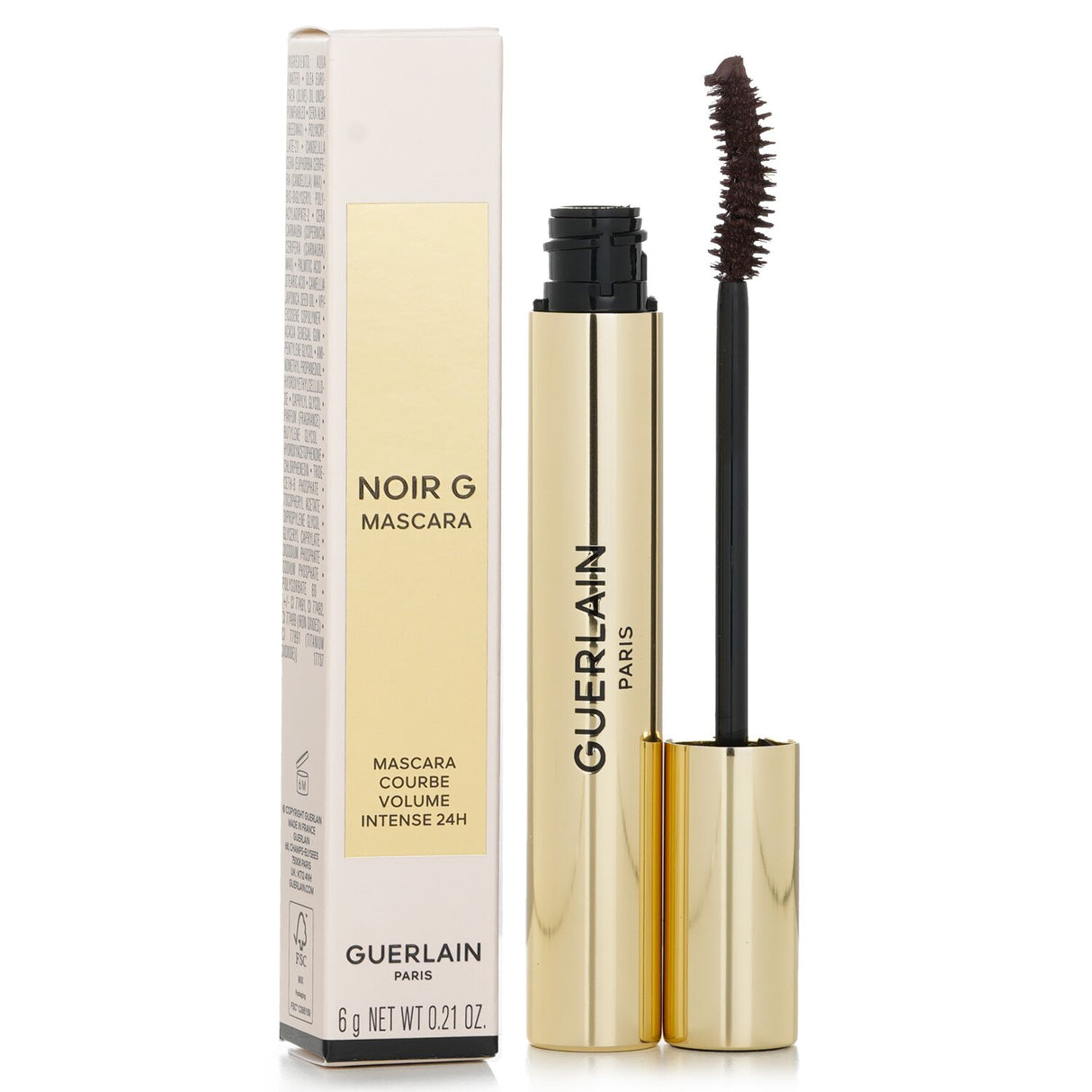 Guerlain Noir G 24H mascara in #02 Brown enhances lashes with intense volume, curl, and rich color, coated smoothly without clumps.