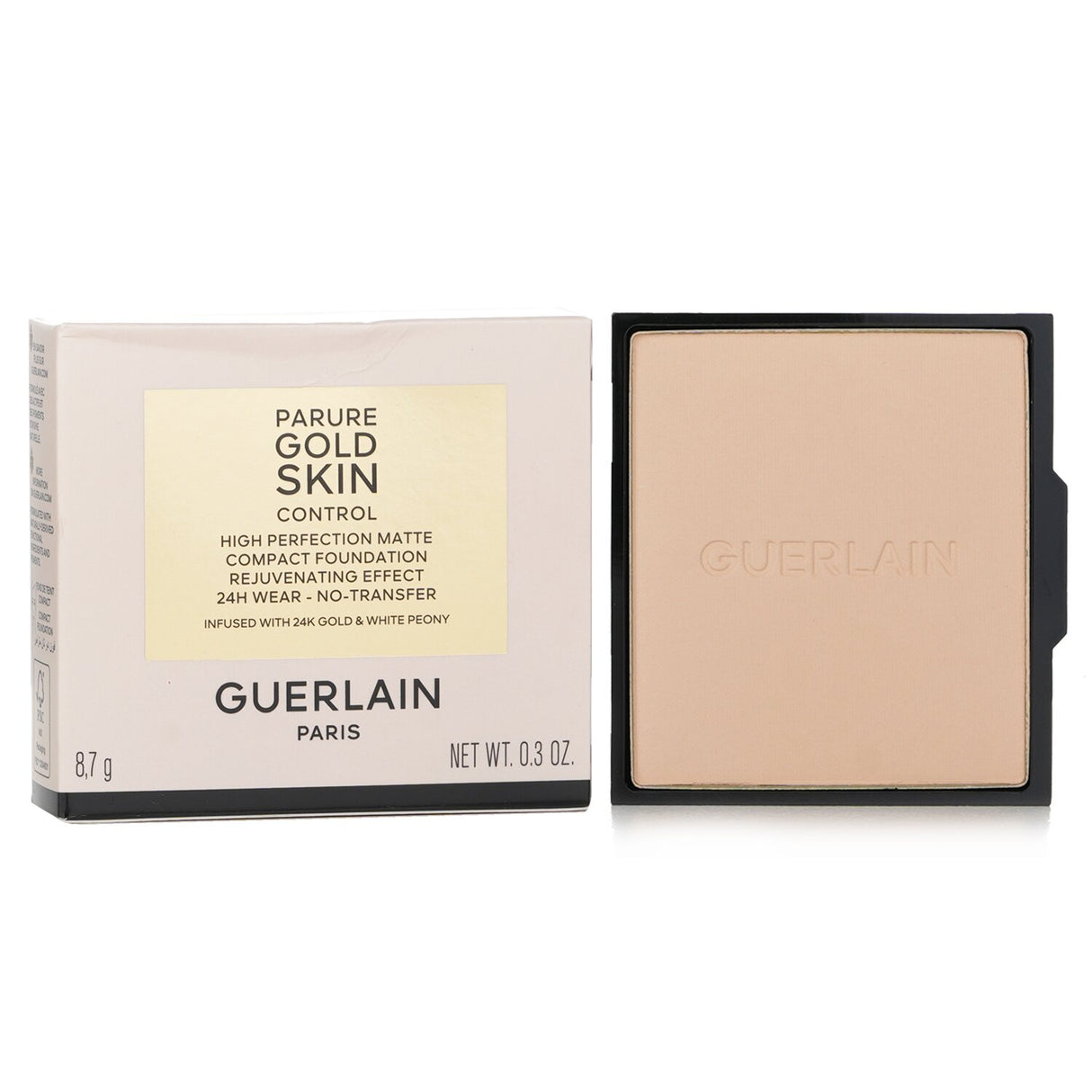 Guerlain Parure Gold matte compact foundation refill #1N, offers 24-hour wear, infused with 24-karat gold for a smooth finish.