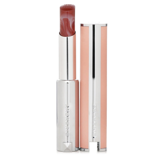 Givenchy Rose Perfecto Beautifying Lip Balm #501 Spicy Brown in a chic pink case, hydrating with a sheer, plumping effect.