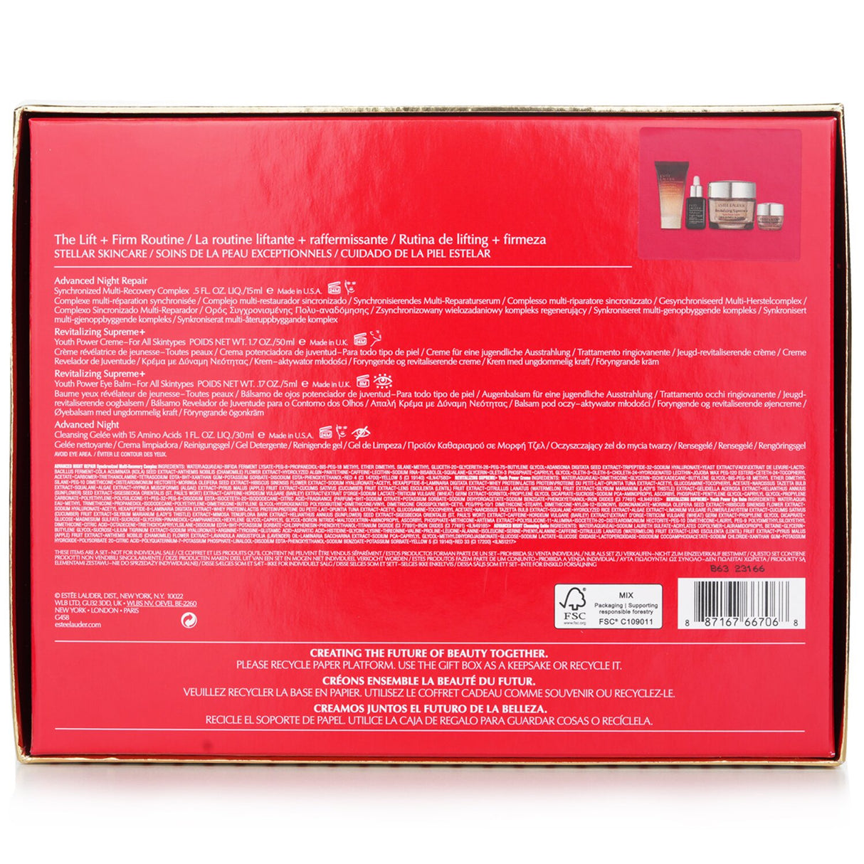 Estee Lauder Lift + Firm Routine Set featuring 4 skincare essentials for visibly firmer and rejuvenated skin.