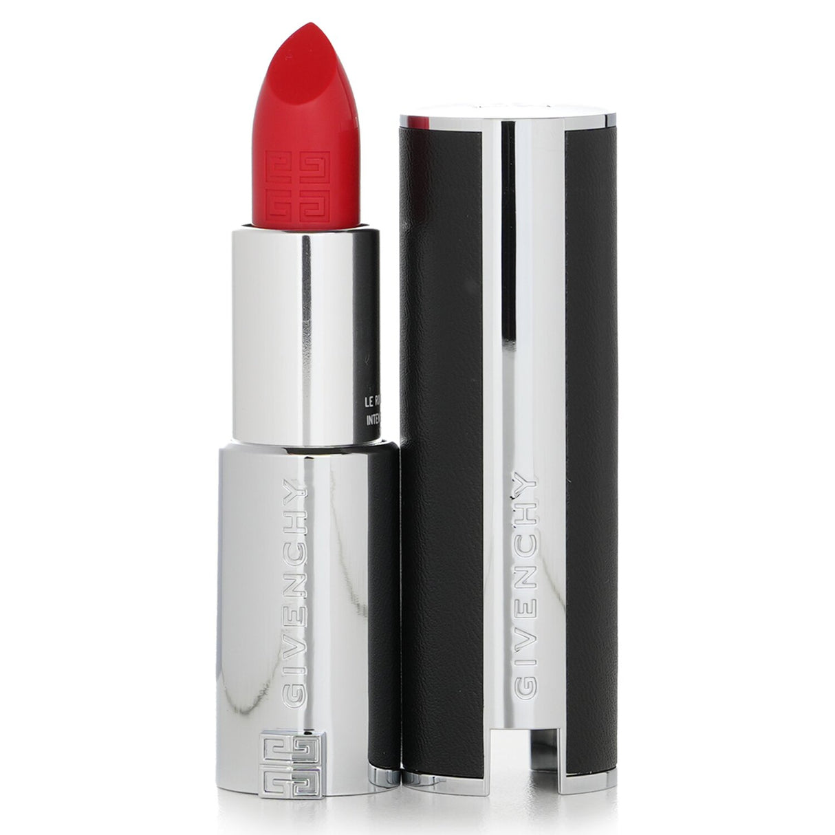 Givenchy Le Rouge Interdit N306 Carmin Escarpin lipstick in sleek black leather case, offers bold color and all-day hydration.