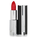 Givenchy Le Rouge Interdit N306 Carmin Escarpin lipstick in sleek black leather case, offers bold color and all-day hydration.