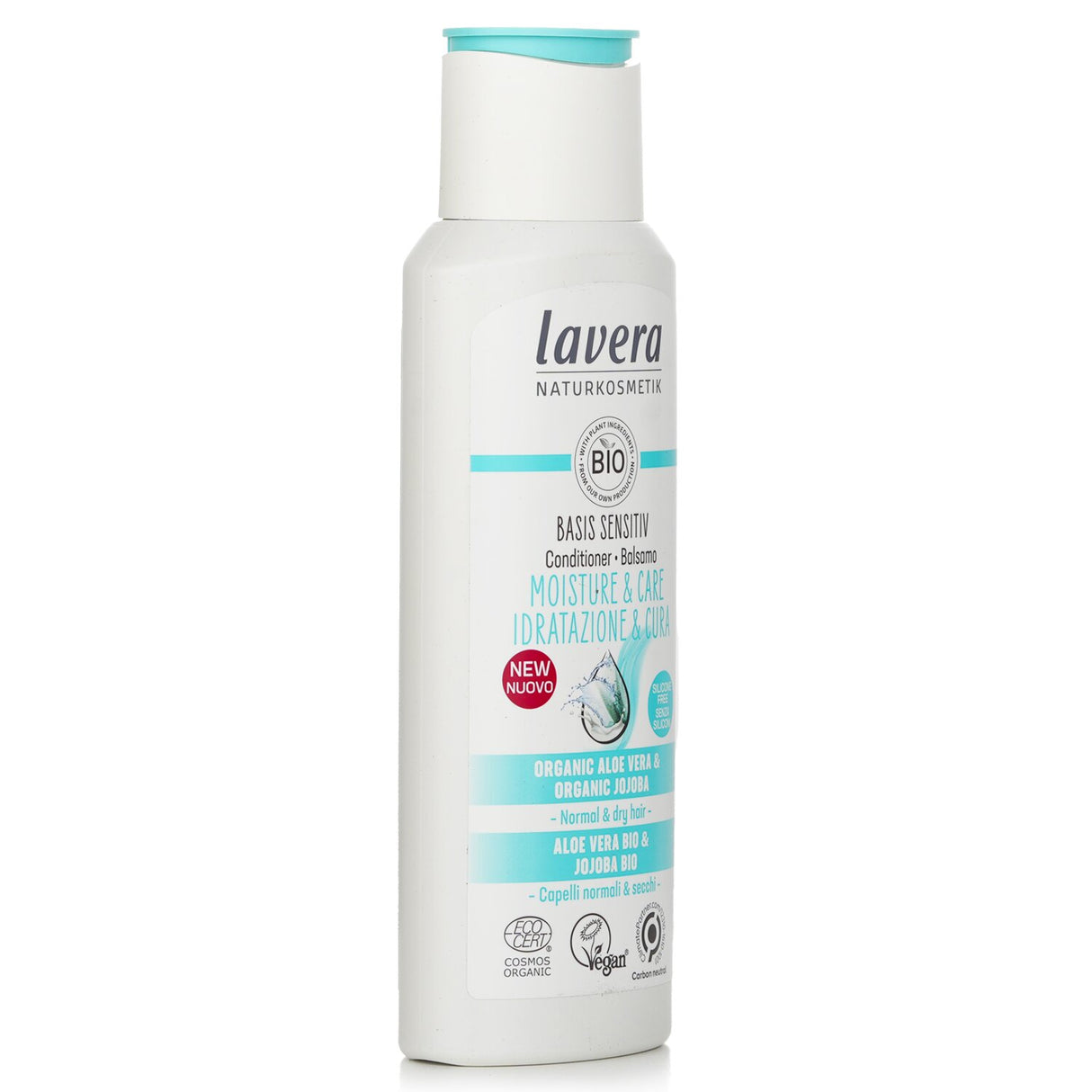 Lavera Basis Sensitiv Conditioner enriches hair with organic Aloe Vera and Jojoba for hydration and shine, 200ml.