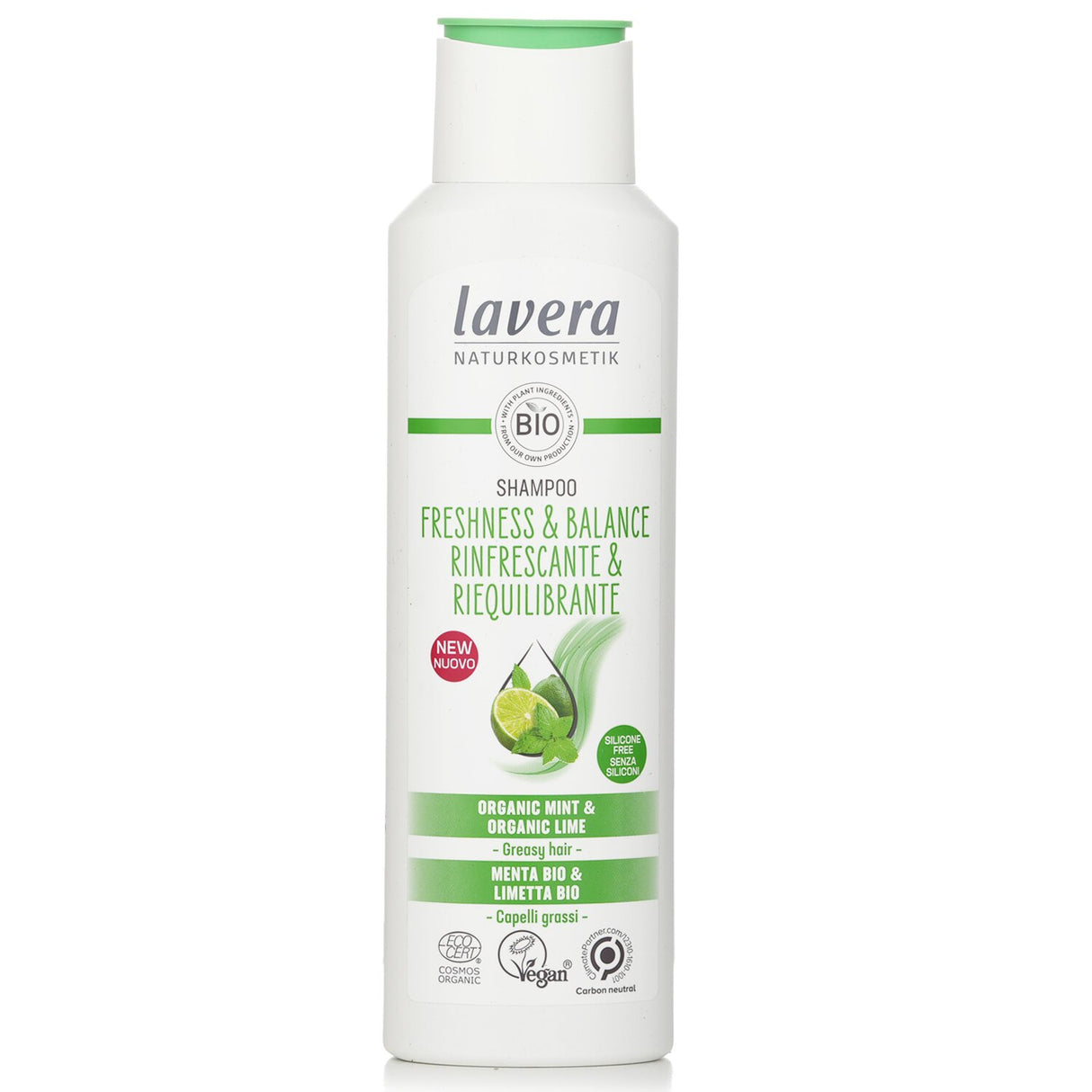 Lavera Shampoo Freshness & Balance for oily hair, infused with organic mint and lime for a refreshing, gentle cleanse.