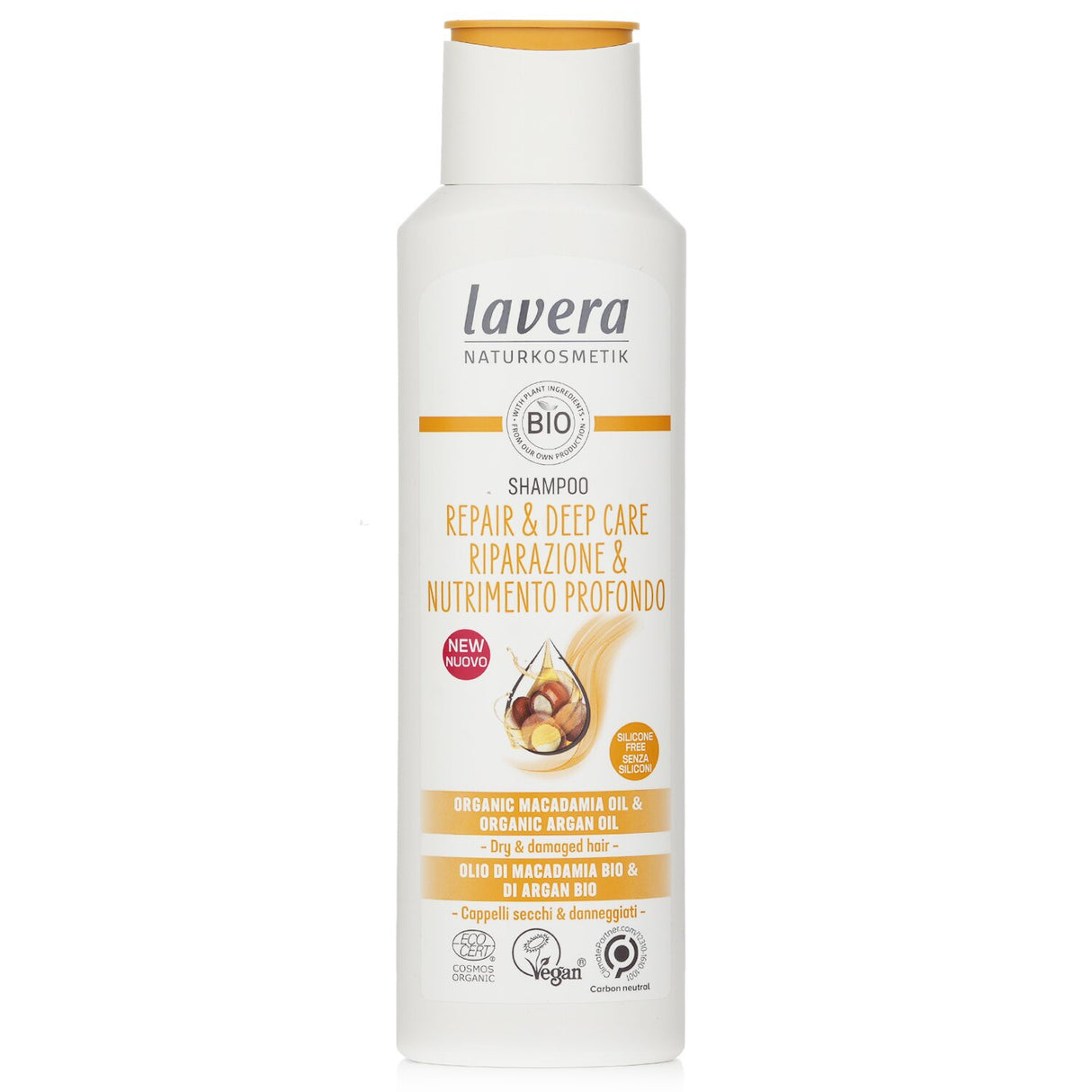 Lavera Shampoo Repair & Deep Care for dry, damaged hair, enriched with organic macadamia and argan oils, 250ml.