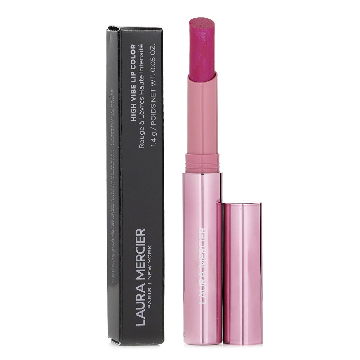 Vibrant Laura Mercier High Vibe Lip Color in #142 Pop, offering bold pigmentation and a luxurious sheen with Guava oil infusion.