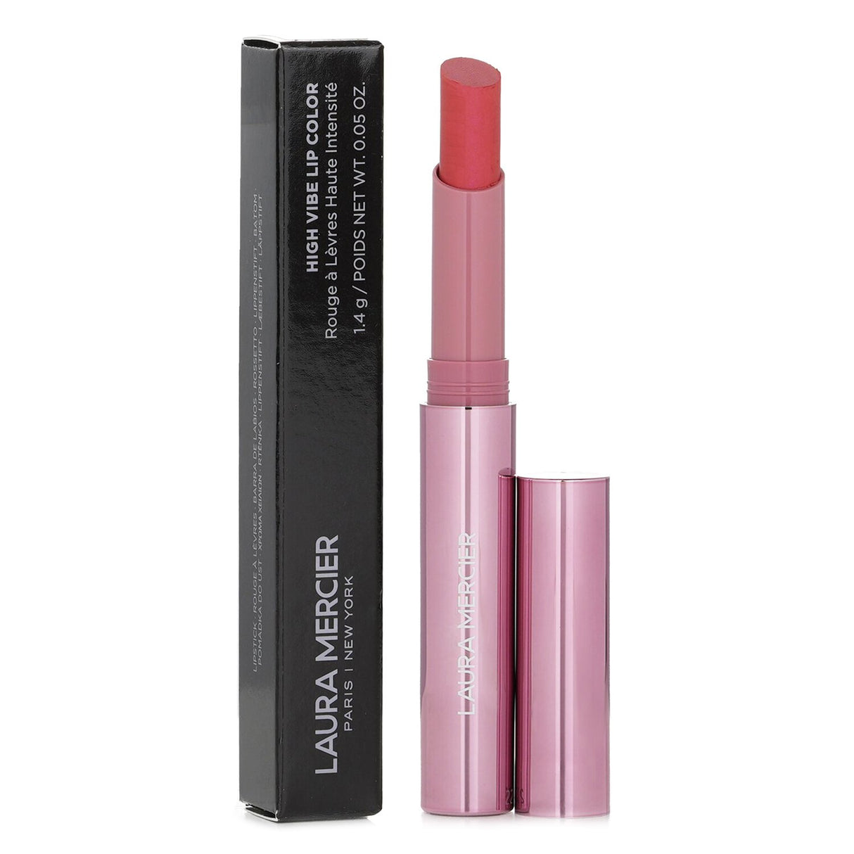 Laura Mercier High Vibe Lip Color in #122 Like, a vivid, hydrating lipstick with Guava oil for smooth, bold lips.