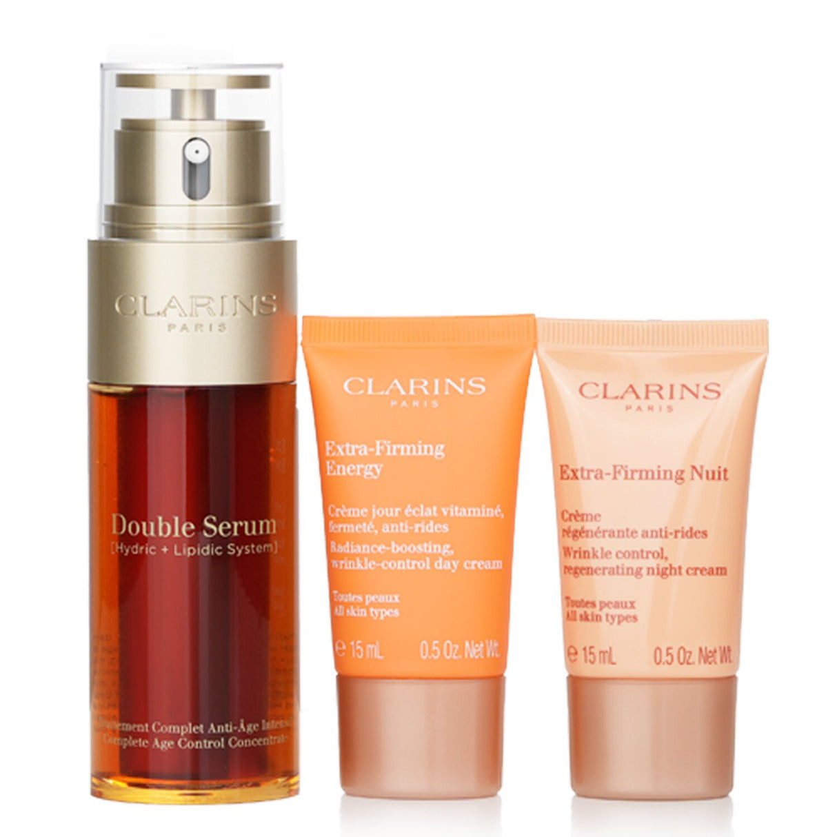 Clarins Rituale Double Serum & Extra Firming Set featuring age-control serum, day cream, night cream, and stylish pouch.