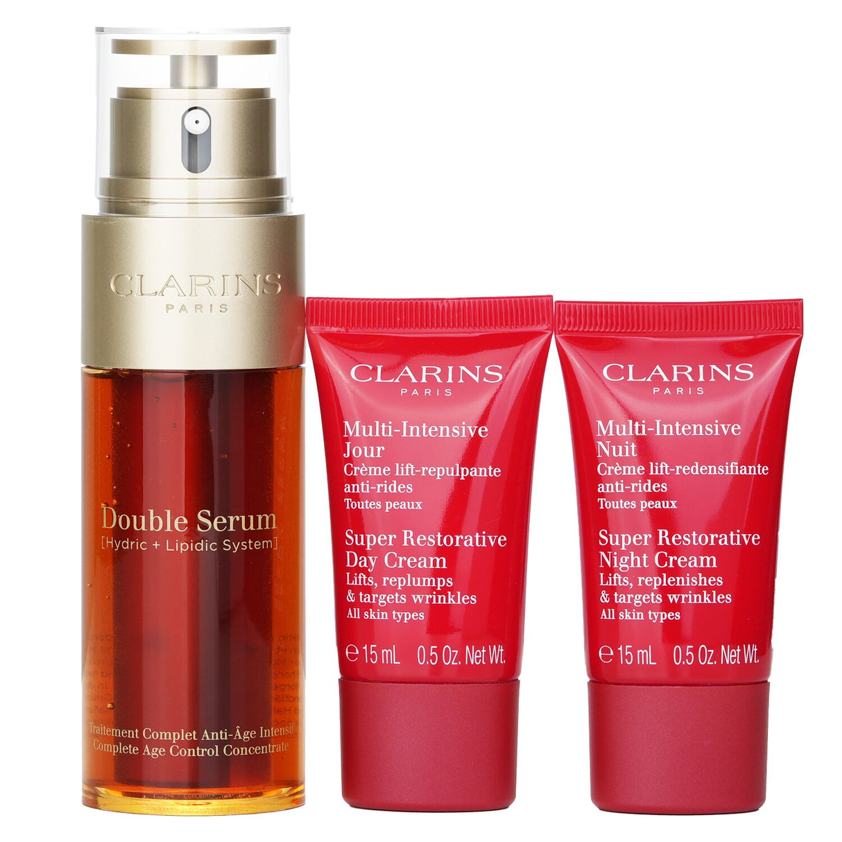 Clarins skincare set with Double Serum and Multi Intensive creams for radiant, youthful skin, includes a stylish travel pouch.