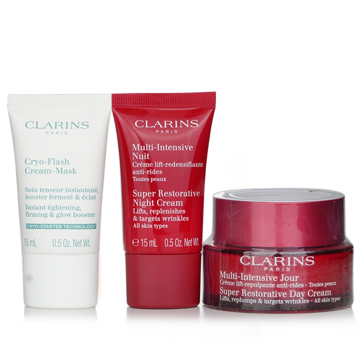 Clarins Rituale Multi Intensive Set featuring a day cream, night cream, mask, and stylish pouch for radiant skin.
