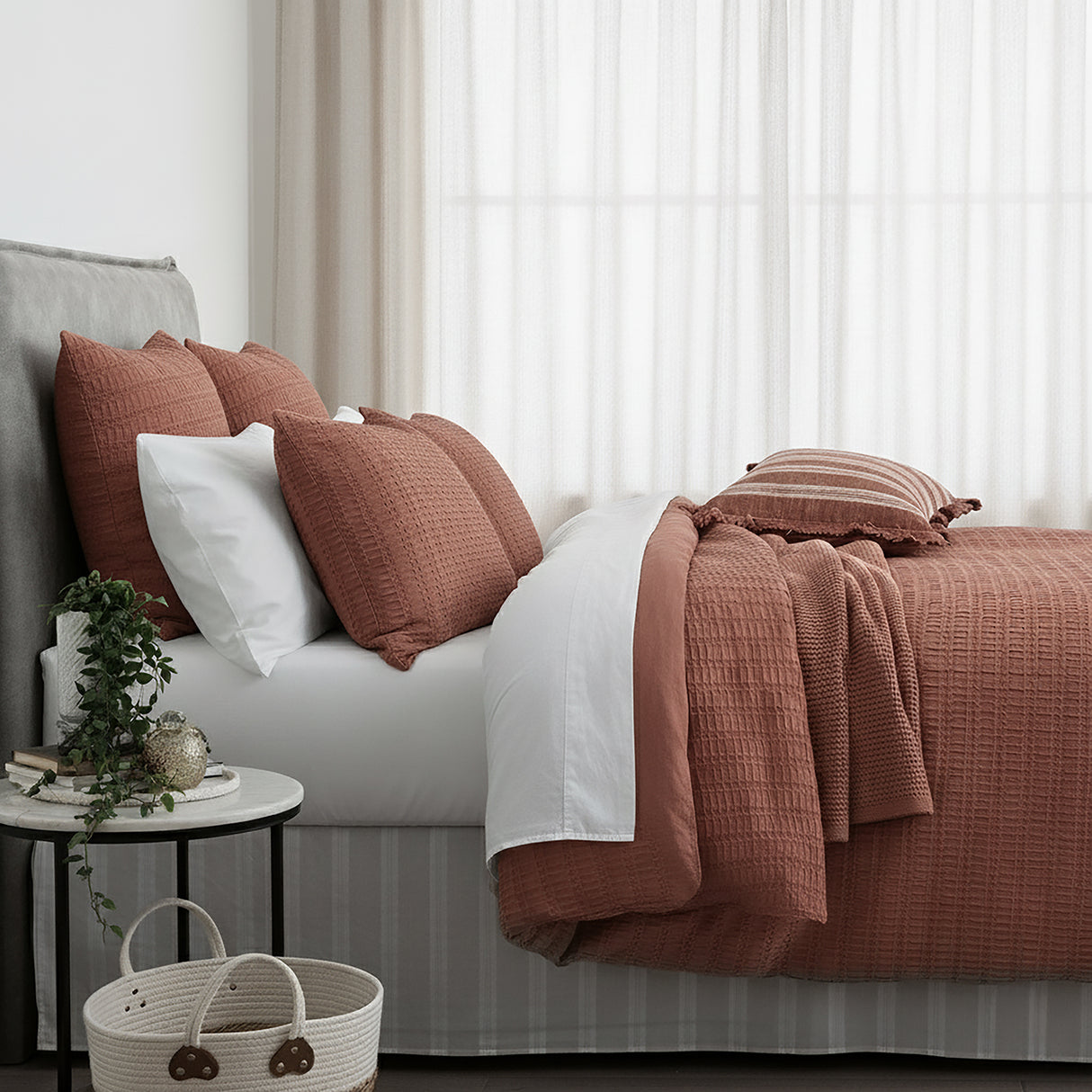 Cloud Linen Celeste Seersucker Cotton Waffle Quilt Cover Set Double Rust