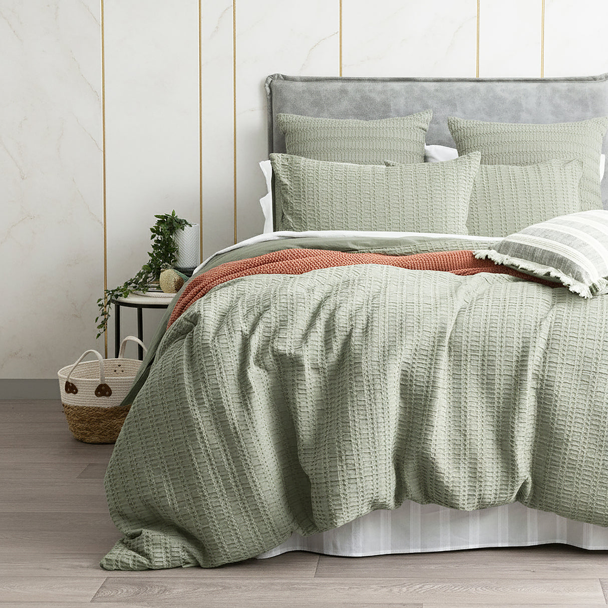 Cloud Linen Celeste Seersucker Cotton Waffle Quilt Cover Set Queen Sage