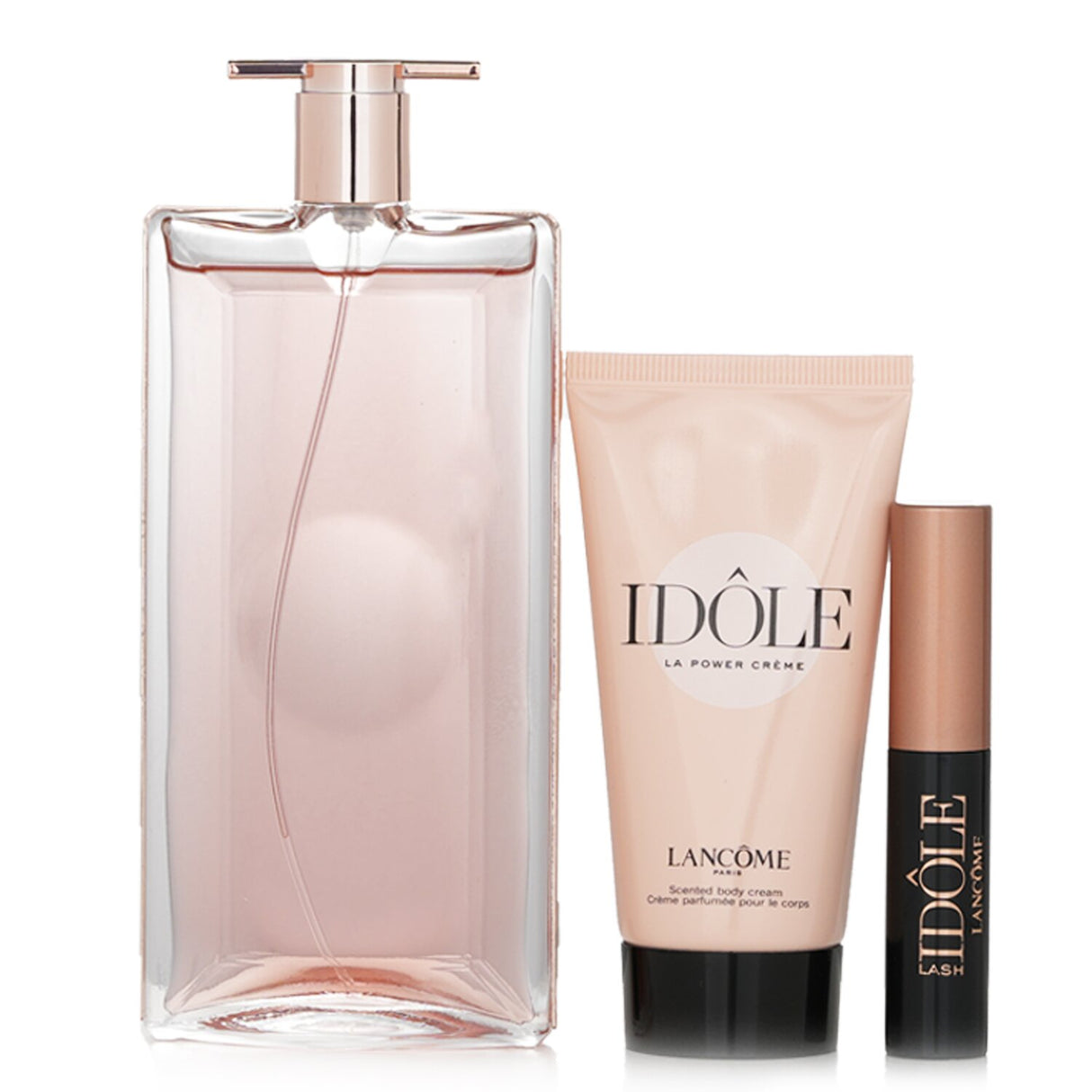 Luxurious Lancome Idole Eau De Parfum Coffret with 50ml fragrance, 50ml body cream, and volumizing mascara. Perfect gift set.