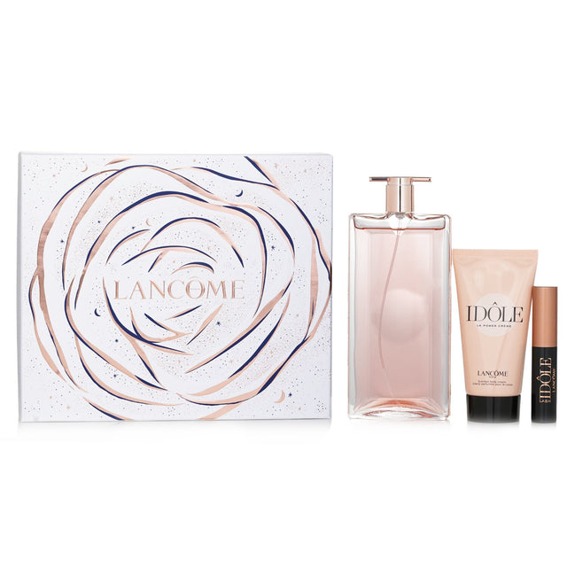 Luxurious Lancome Idole Eau De Parfum Coffret featuring a 50ml perfume, body cream, and mascara in elegant packaging.