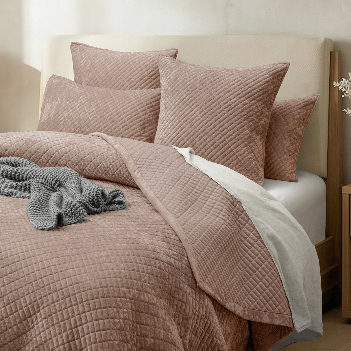 Renee Taylor Archie Cross Stitch Velvet Coverlet Set Single/Double Wood