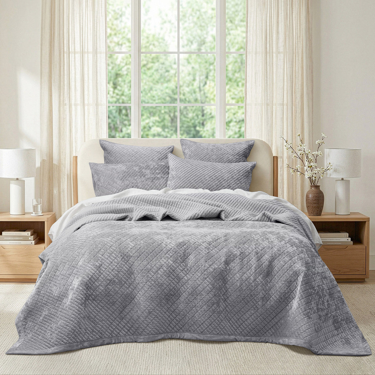 Renee Taylor Archie Cross Stitch Velvet Coverlet Set Queen/King Silver Line