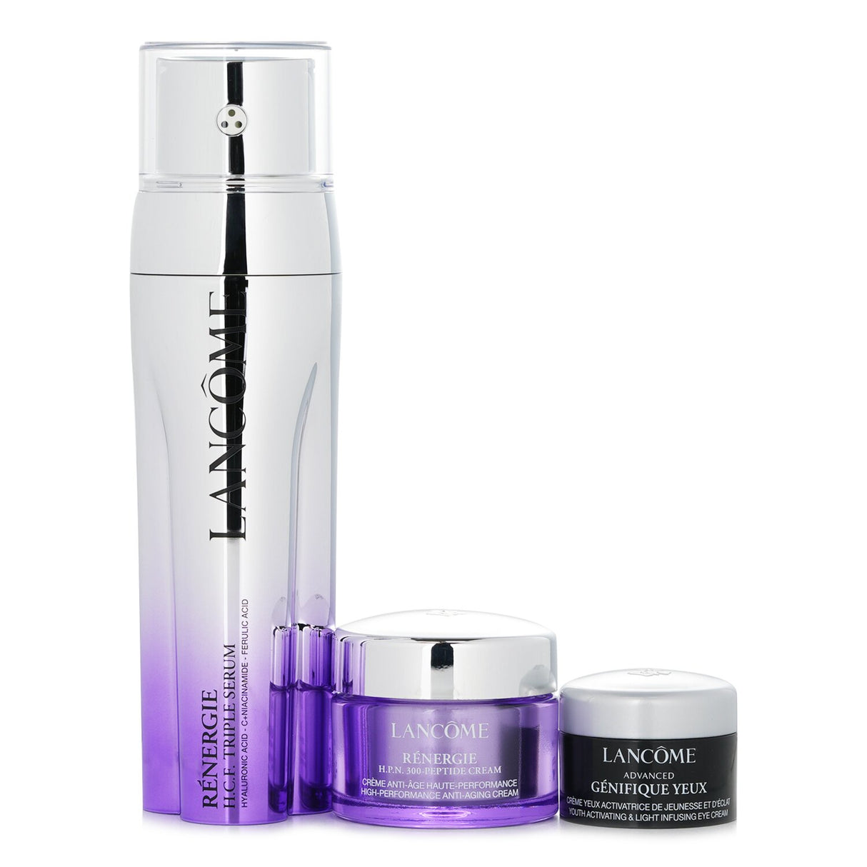 Lancôme Renergie and Genifique Skincare Set featuring Triple Serum, Peptide Cream, and Eye Cream for youthful, radiant skin.