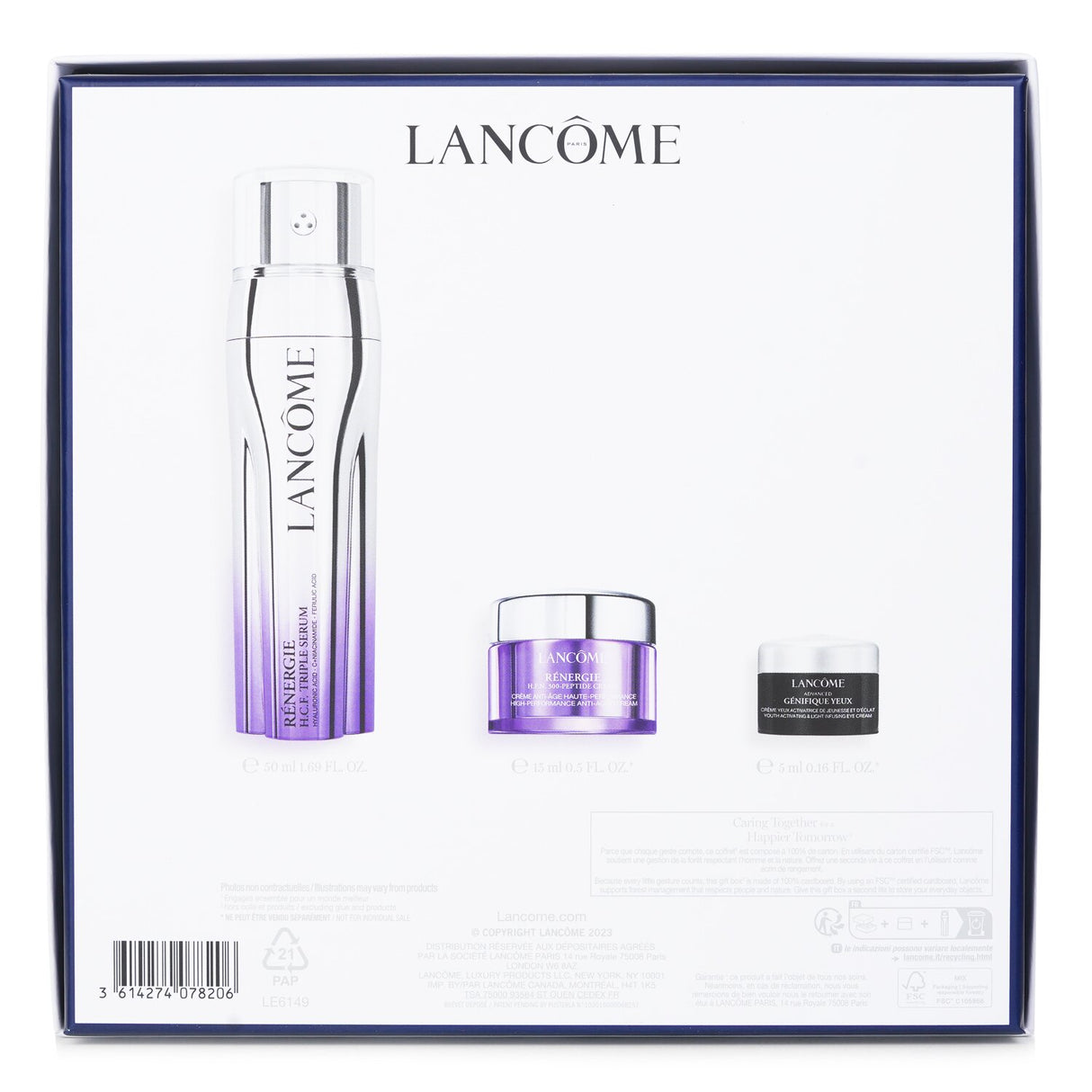 Lancôme Renergie and Genifique Skincare Set featuring H.C.F. Triple Serum, Peptide Cream, and Eye Cream for youthful, radiant skin.