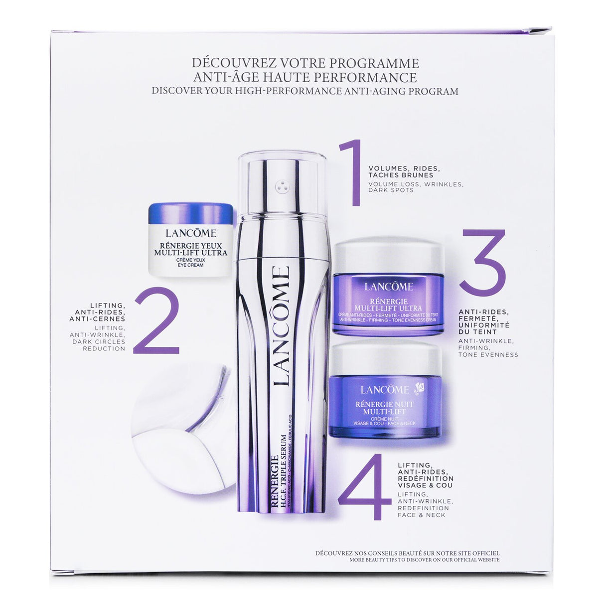 Lancome anti-aging skincare set featuring Renergie Serum and Day Cream for rejuvenated, youthful, and hydrated skin.