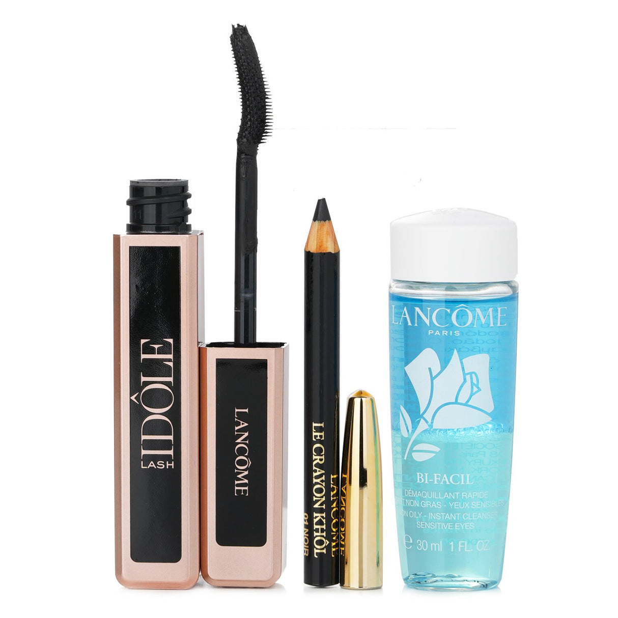 Lancome Lash Idole Mascara Set featuring volumizing mascara, black crayon khol, and non-oily cleanser for captivating eyes.