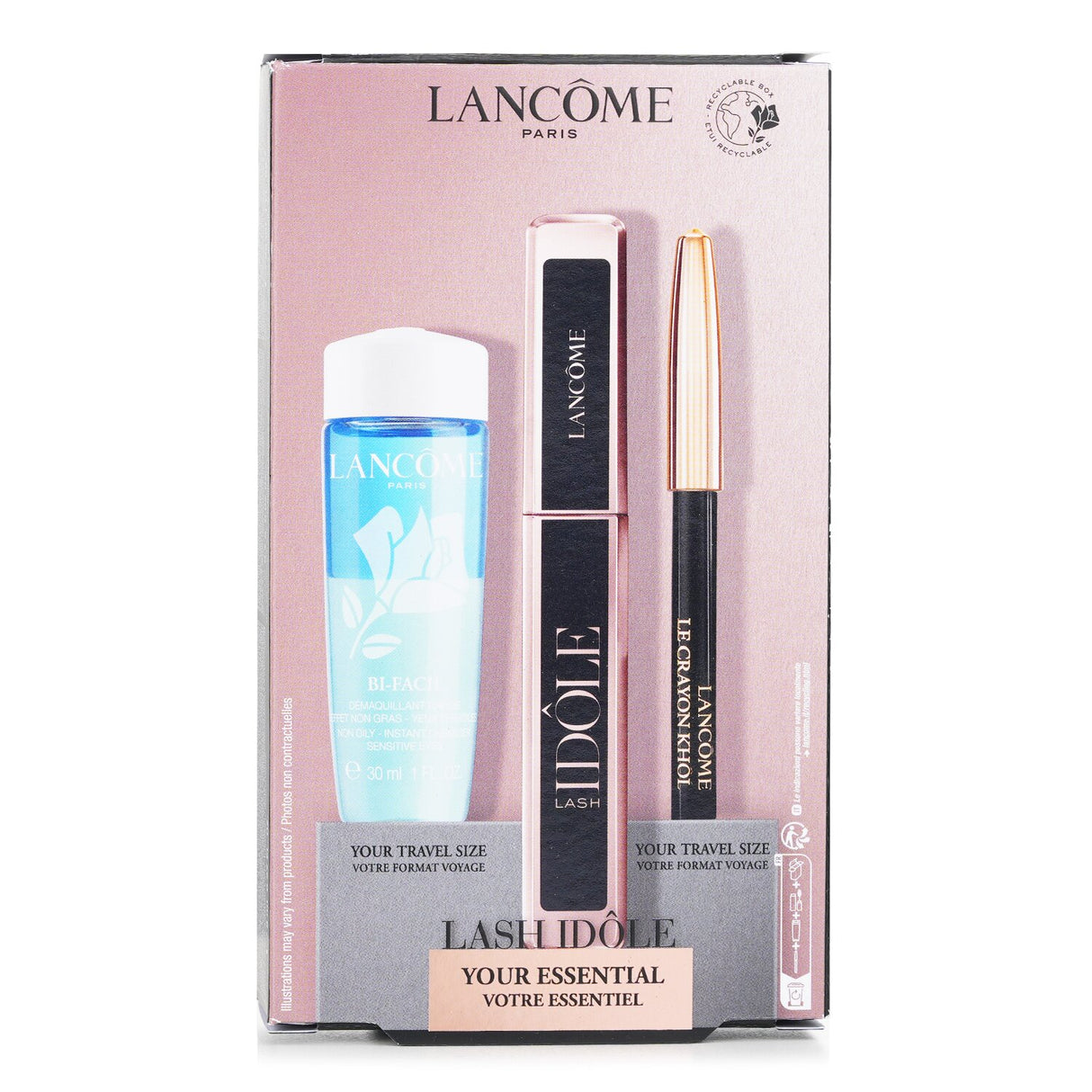 Lancome Lash Idole Mascara Set featuring volumizing mascara, black kohl eyeliner, and non-oily cleanser for stunning eyes.