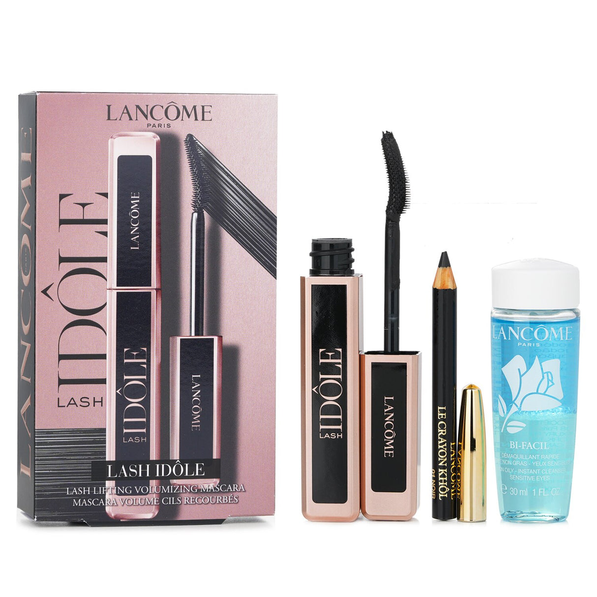 "Lancome Lash Idole Mascara Set featuring volumizing mascara, kohl pencil, and cleanser for dramatic, captivating eyes."