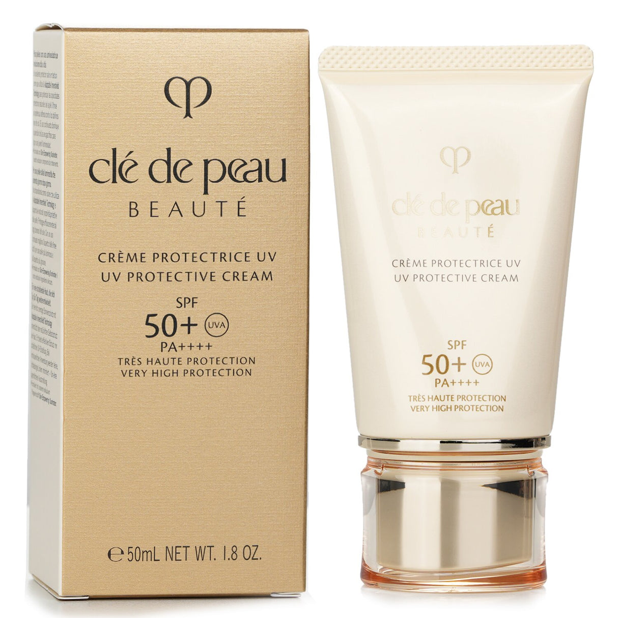 Luxurious Cle De Peau UV Protective Cream SPF 50 in a sleek 50ml tube, ideal for daily sun defense and enhancing skin's radiance.