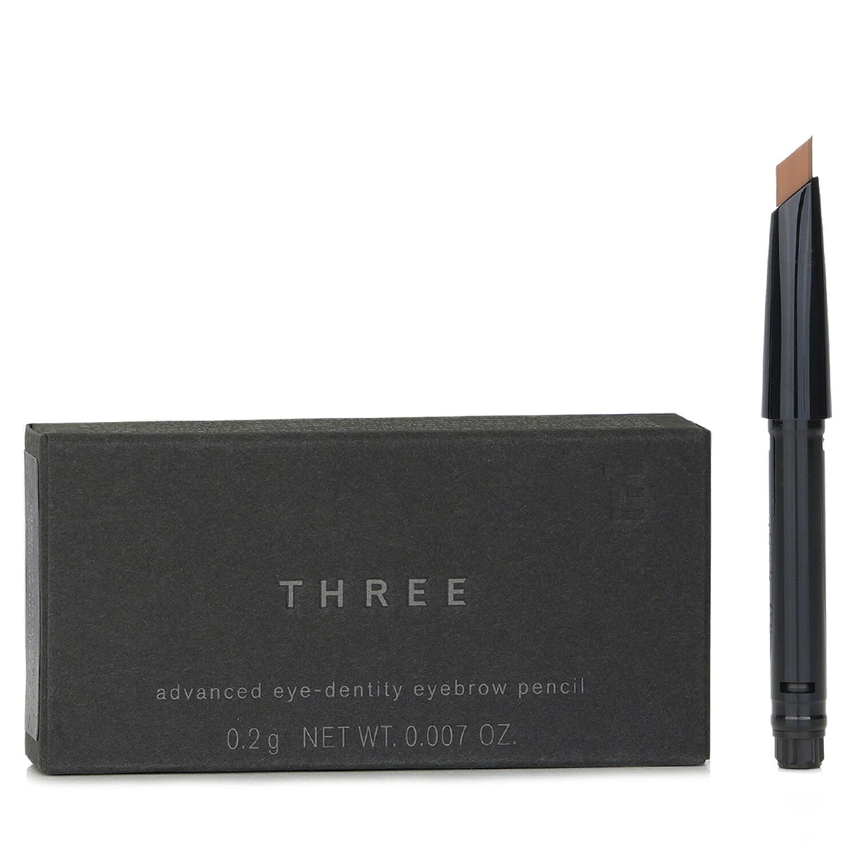 THREE Advanced Eye Dentity Eyebrow Pencil #02, a versatile tool for defined brows with hydrating ingredients and natural finish.